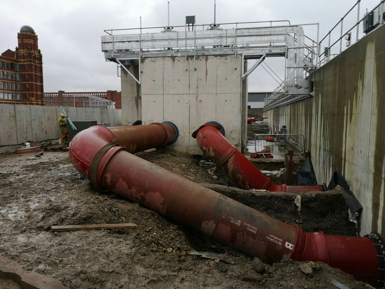 Installed pipes showing thrust blocks